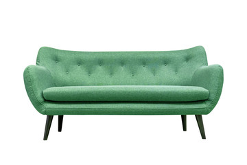 Green soft sofa. Modern design sofa isolated on white background, clipping path