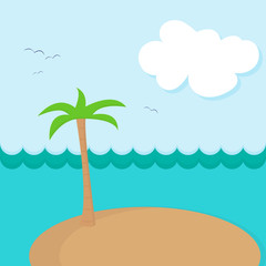 Watercolor drawing of a lonely sandy island with a palm tree in the ocean. 