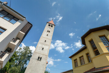 Fototapeta na wymiar Bell tower of the lutheran church in Koszeg