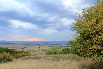 Fototapeta na wymiar View of the plain from a height in the vicinity of the village of Avren (Bulgaria) at sunset