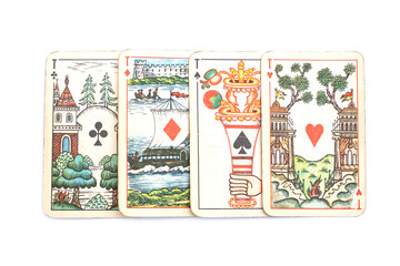 Aces from old Soviet playing cards on white background. Legendary design of Soviet Union playing cards that were in almost every home.