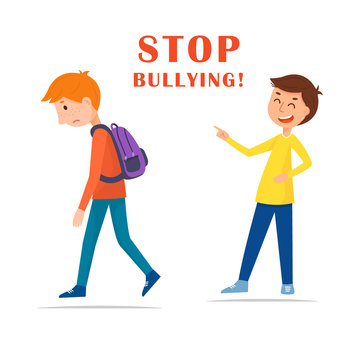 Stop bullying in the school. Cartoon vector illustration, isolated on white background. The boy laughs at the student