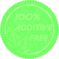 100% additive free round sticker with three petals and grunge effect. Usable as a product label or atypical banner.