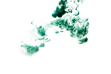 A cloud of green paint released into clear water. Isolate on a white background.