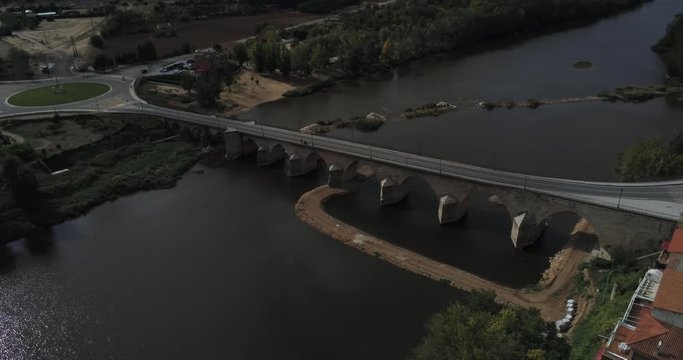 Bridge in Tordesillas, historical village of Valladolid, Spain. Aerial Drone Footage