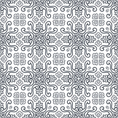 Seamless pattern ornament of swirling elements, circles, silhouette flowers and leaves. Print for the cover of the book, postcards, t-shirts. Illustration for rugs.