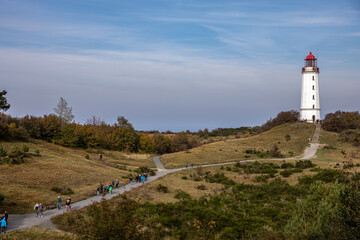 Hiddensee, Germany, 10-15-2019, Hiddensee Island in the Western Pomerania Lagoon Area// Lighthouse on the "Dornbusch" with Tourists