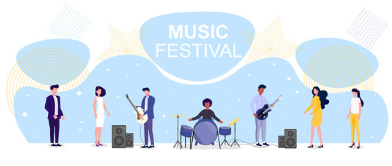 Vector illustration of music festival. Popular music band of guitarists and drummer performing for fans on scene