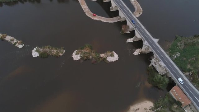 Bridge in Tordesillas, historical village of Valladolid, Spain. Aerial Drone Footage