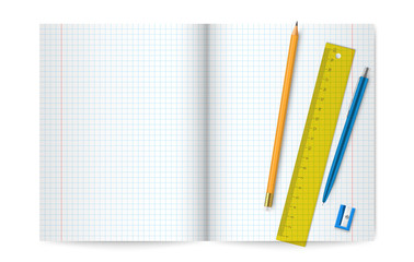 Exercise book or open composition book, ruler, pen, pencil, sharpener in realistic style.
