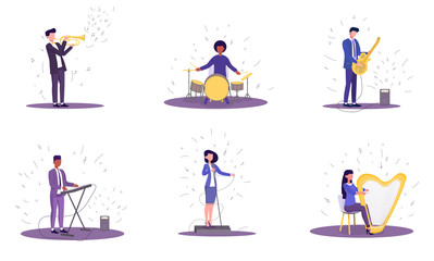 Fototapeta na wymiar Vector illustration of group of musicians. People playing on trumpet, harp, synthesizer, guitar,drums and singing into microphone