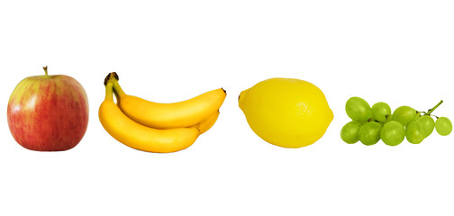 Fruits (apple, lemon, banana, 
grapes) on a white background, isolated