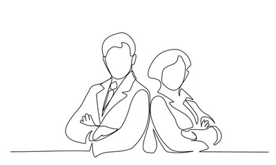 Young man and woman work together in office. Continuous One line drawing