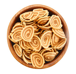 Cookies on wooden bowl on white