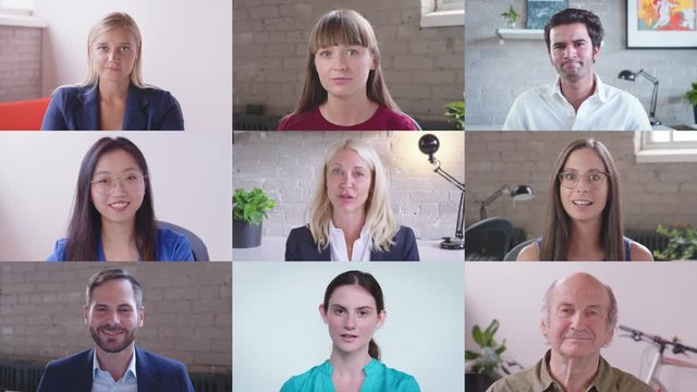 Diverse people look at web cameras listen webinar lecture participate group conference call with female leader, coach, mentor speaking during virtual video chat, online training webcast