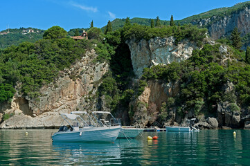 Boats on the bay of Palaiokastritsa, Corfu, Greece