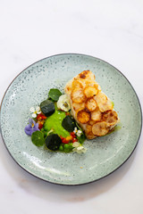White fish fillet with potato scale, pea puree and summer vegetable