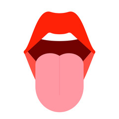 Open mouth with protruding tongue. Woman shows pink healthy tongue. Red lips, lick. Vector illustration