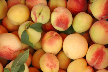 fruit market stall with peaches.   