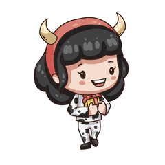 Vector illustration of cute chibi character isolated on white background. Cartoon girl in cow costume for new year 2021. Little girl with gift box.