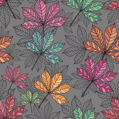Fotobehang Seamless vector pattern of colorful and linear leaves.  Falling colorful leaves. It can be used for websites, packing of gifts, fabrics, wallpapers. Autumn background.   © Anna Sobol