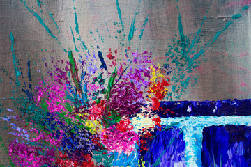 Oil painting window with flowers. Background. Texture.