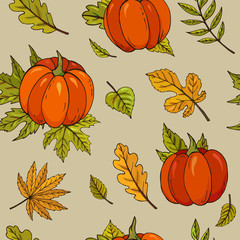 Autumn seamless vector pattern with pumpkins and leaves on a light background. Falling colorful leaves. Perfect for seasonal and Thanksgiving Day, greeting cards, textile, wrapping.