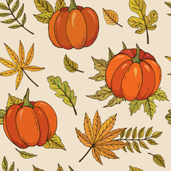 Autumn seamless vector pattern with pumpkins and leaves. Falling colorful leaves. Perfect for seasonal and Thanksgiving Day, greeting cards, textile, wrapping. 