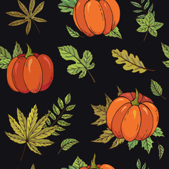 Autumn seamless vector pattern with pumpkins and leaves on a dark background. Falling colorful leaves. Perfect for seasonal and Thanksgiving Day, greeting cards, textile, wrapping.