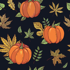 Autumn seamless vector pattern with pumpkins and leaves on a dark background. Falling colorful leaves. Perfect for seasonal and Thanksgiving Day, greeting cards, textile, wrapping.