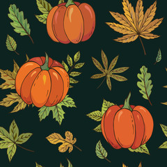 Autumn seamless vector pattern with pumpkins and leaves. Falling colorful leaves. Perfect for seasonal and Thanksgiving Day, greeting cards, textile, wrapping.