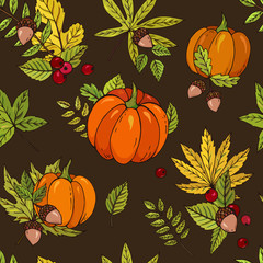 Autumn seamless vector pattern with acorns, berries  and leaves. Perfect for seasonal and Thanksgiving Day, greeting cards, textile, wrapping. 
Autumnal background.