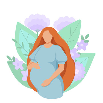 Beautiful pregnant woman with long hair. Template for a card, poster, banner, print, or logo. Symbol of motherhood and pregnancy. Cute vector illustration.