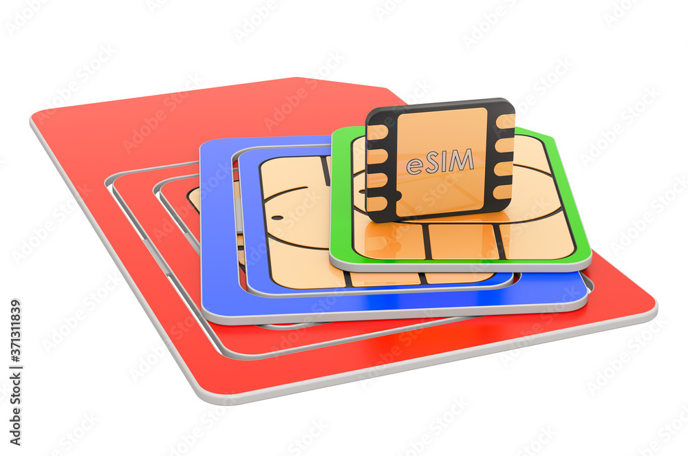 Poster set sim-cards for mobile devices with chip, 3d rendering