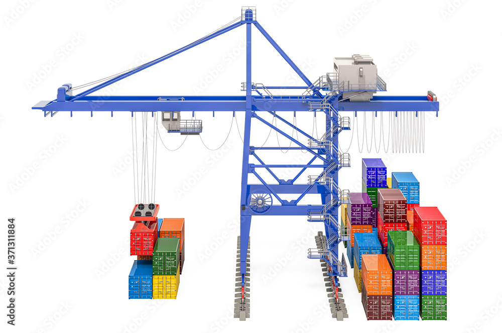 Poster container handling gantry crane with freight containers, 3d rendering