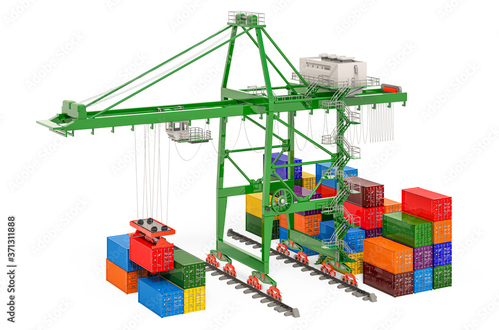 Poster container crane with cargo containers, 3d rendering