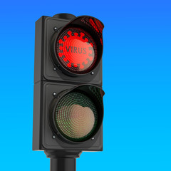Traffic light Virus with red light against blue sky, 3d rendering