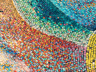 Detail of beautiful old collapsing abstract ceramic mosaic adorned building. Venetian mosaic as decorative background. Selective focus. Abstract Pattern. Abstract mosaic colored ceramic stones - obrazy, fototapety, plakaty