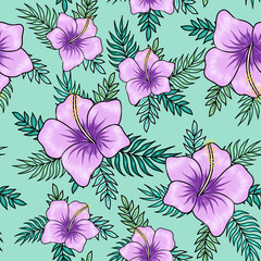 Violet hibiscus flowers with palm tree leaves seamless pattern on turquoise background. Great for spring and summer wallpaper, backgrounds, invitations, packaging design projects textile