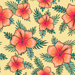Orange hibiscus flowers with palm tree leaves seamless pattern on yellow background. Great for spring and summer wallpaper, backgrounds, invitations, packaging design projects textile