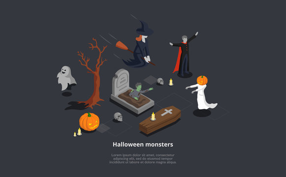 Set Of Scary Isometric Halloween Monsters On Dark Background. Vector 3D Composition Of Mystic Characters Witch, Vampire, Ghost, Zombie. Lorem Ipsum Text. Pumpkins, Skulls, Candles And Coffin Around