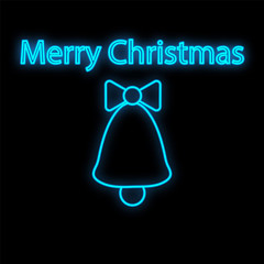 Glowing neon christmas sign with christmas bell, bow-knot and holly in circle frame. Christmas bell symbol in neon style