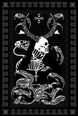 Tarot card skull death with horns and snakes, ornament details