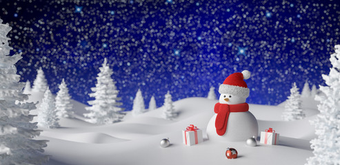 Winter Holidays background with a snowman, Gifts, snow and snowflakes 3d render 3d illustration