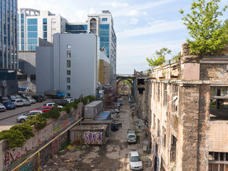 Odessa, Ukraine - May 17, 2017: Panoramic view of street with decaying houses in a poor...