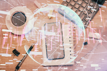 Multi exposure of forex graph hologram over desktop with phone. Top view. Mobile trade platform concept.