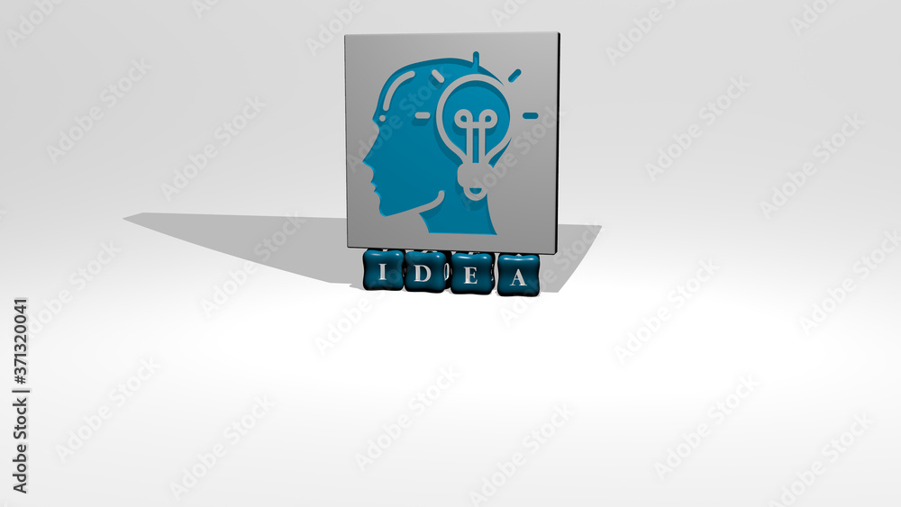 Poster 3d representation of idea with icon on the wall and text arranged by metallic cubic letters on a mir