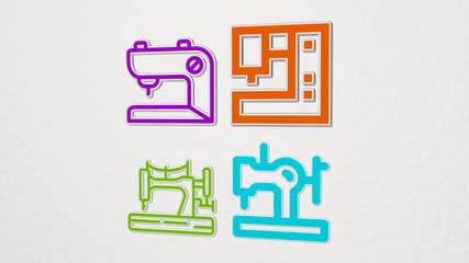 sewing machine colorful set of icons - 3D illustration