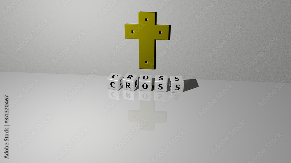 Aufkleber cross text of cubic dice letters on the floor and 3d icon on the wall - 3d illustration for backgrou