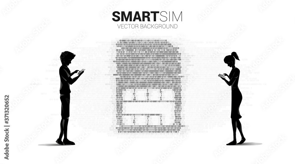 Aufkleber Silhouette of man and woman use mobile phone with digital sim with binary graphic style. Concept for mobile technology and network.